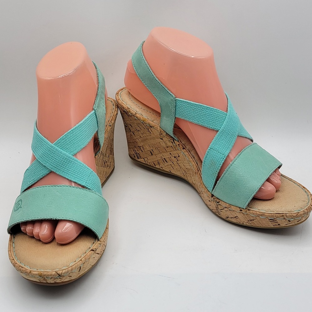 Born Womens Aqua Mint Leather Cork Wedge Sandals Slingback Platform Shoes